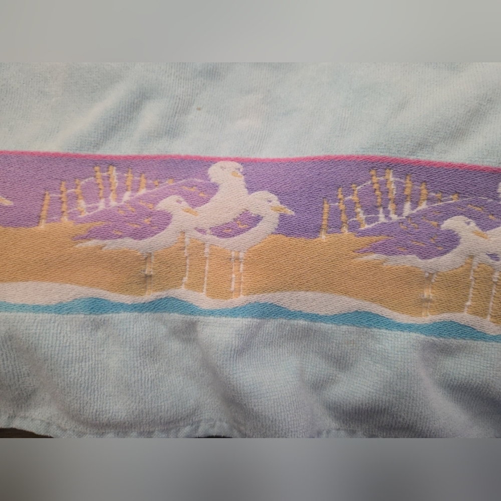 Vintage Palm Cove France Beach Bath Towel Blue W Seagulls Egypt Cotton 33 X 67